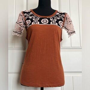 Anthropologie Rust Short-Sleeve Crochet Lace Yoke Top